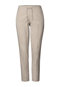 Lichtbeige broek met een elastische tailleband met trekkoord, taps toelopende benen en een gladde textuur. Geen zichtbare patronen of hardware details.