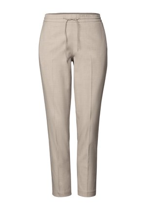 Svetle béžové kalhoty s elastickým pasem na šňůrku, zúžené nohavice a hladká textura. Žádné viditelné vzory ani kovové detaily.