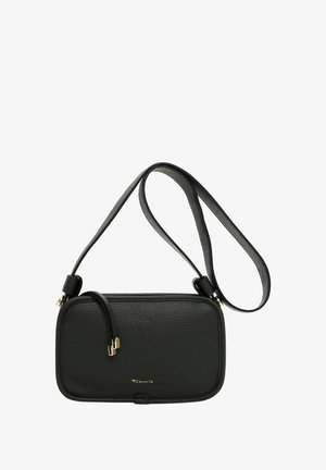 Sort læder tværgående taske med en tekstureret overflade, rektangulær form, guld hardwaredetaljer og en justerbar rem.