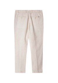 Pantalon beige sur mesure avec passants de ceinture, deux poches arrière boutonnées et une coupe droite slim.