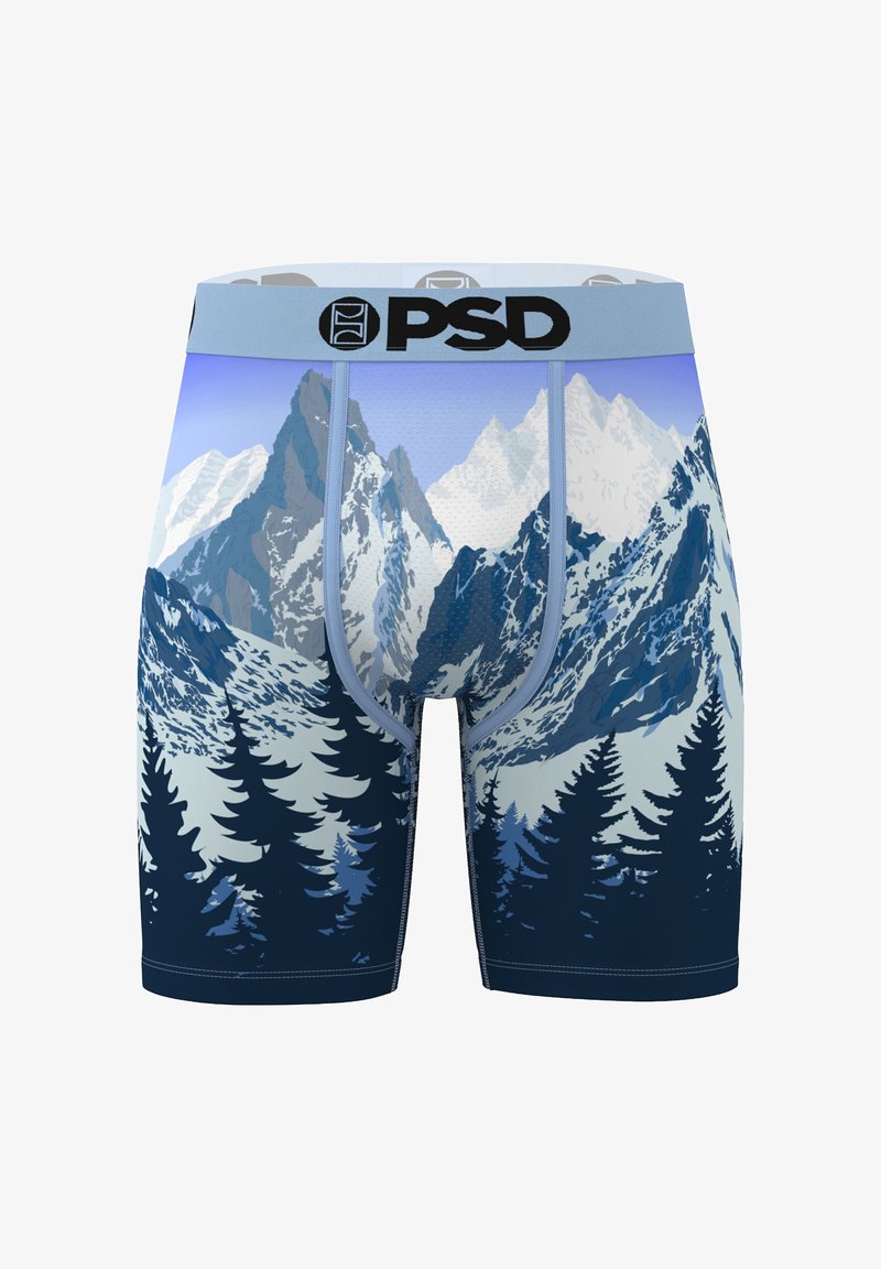 Men’s boxer briefs with PSD logo waistband and a blue-toned mountain and pine tree landscape print.