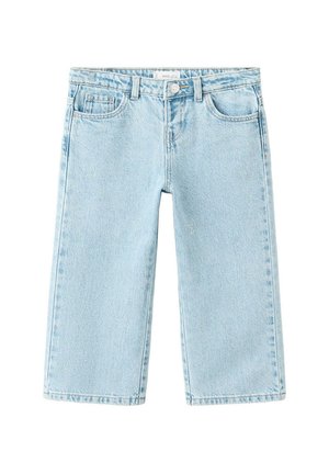 Jasnoniebieskie krótkie jeansy z denimu z przednim guzikiem, szlufkami na pasek, przednimi i małymi kieszeniami oraz szerokimi prostymi nogawkami.