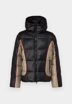 Black and beige puffer jacket with hood, featuring quilted panels, red contrast stitching, and zippered side pockets.