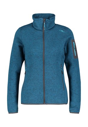 Niebieska bluza polarowa na zamek błyskawiczny z wysokim kołnierzem, dwoma przednimi kieszeniami na zamek oraz kieszenią na zamek na lewym rękawie.