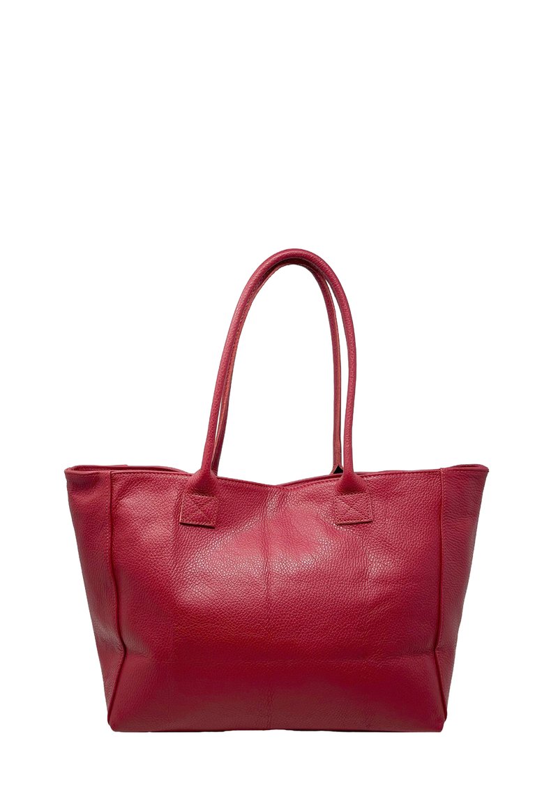 Sac fourre-tout en cuir rouge avec une forme structurée, deux poignées latérales et une finition texturée. Présente un design sans couture sans quincaillerie visible.