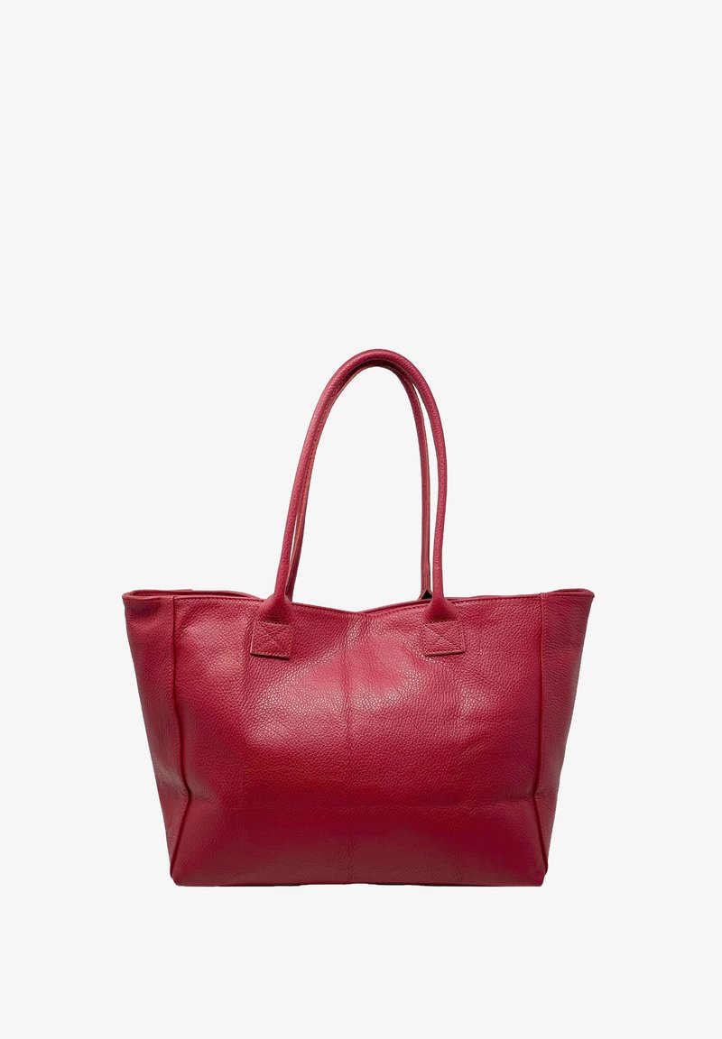 Borsa a tote in pelle rossa con una forma strutturata, due manici laterali e una finitura testurizzata. Presenta un design senza soluzione di continuità senza hardware visibile.