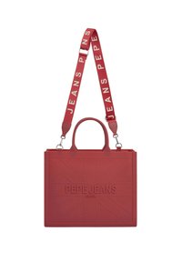Rød gummitaske med design af Union Jack, prægede detaljer, dobbelte håndtag og en aftagelig rem med "PEPE JEANS" tekst.