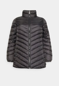 Giacca a vento nera con colletto alto, texture a rombi, zip frontale completa e polsini elasticizzati. Materiale leggero per garantire calore.