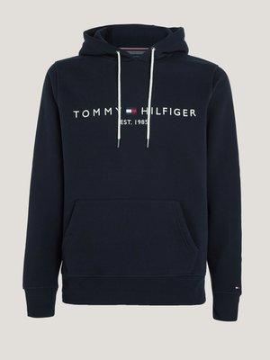 Dunkelblauer Hoodie aus Baumwollmischung mit einer Vordertasche, Kapuze mit Kordelzug und weißem Text "TOMMY HILFIGER EST. 1985" auf der Brust.