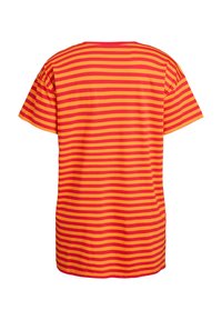 Short-sleeved t-shirt featuring horizontal red and yellow striped pattern, made from soft fabric with a relaxed fit and crew neckline.