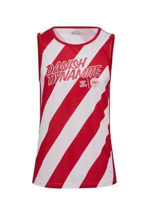 Mouwloos sportshirt met rood-witte diagonale strepen, de tekst "DANISH DYNAMITE" en het logo van de Deense Voetbalbond op de borst.