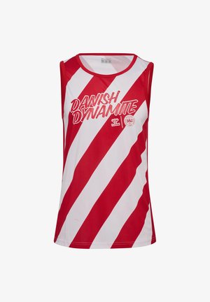 Maillot de sport sans manches avec des rayures diagonales rouges et blanches, texte "DANISH DYNAMITE" et logo de l'Union danoise de football sur la poitrine.