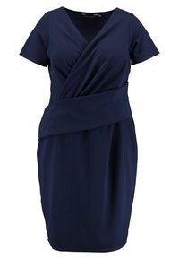 Nattblå klänning i stretchmaterial, med v-ringning, korta ärmar och en omsluten midja med draperad detaljer.