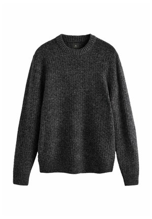 Pulover tricotat gri închis, cu guler rotund, mâneci lungi, model texturat și tiv cu dungi. Dispune de un mic etichetă a brandului pe interior.
