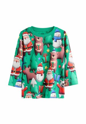 Grünes Langarmshirt mit festlichen Motiven von Santa, Schneemännern, Rentieren und Bären zwischen Weihnachtsbäumen, ergänzt durch bunte Akzente und Geschenke.