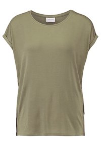 Oliwkowa koszulka z krótkim rękawem, wykonana z miękkiego materiału o luźnym kroju. Posiada podwinięte rękawy i okrągły dekolt. Minimalistyczny design.