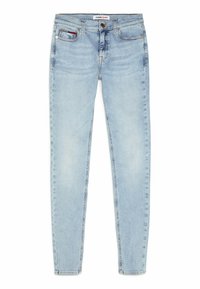 Vaqueros ajustados de denim en azul claro, con cierre de cremallera, cinco bolsillos y un sutil desvanecimiento. Etiqueta de marca en la cintura.