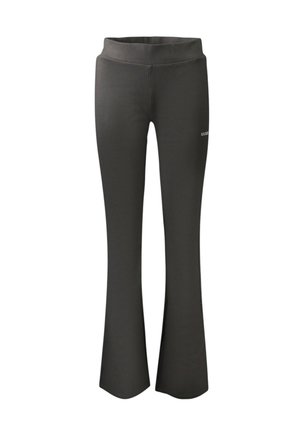 Pantalon noir évasé à taille haute, avec un petit logo sur la hanche droite, sur fond blanc.