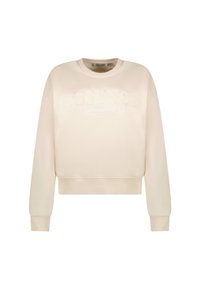 Lichtbeige sweatshirt met een cropped ontwerp. Kenmerkt zich door verhoogde "ESSENCE" tekst en ribgebreide manchetten en zoom. Zachte stoftextuur.