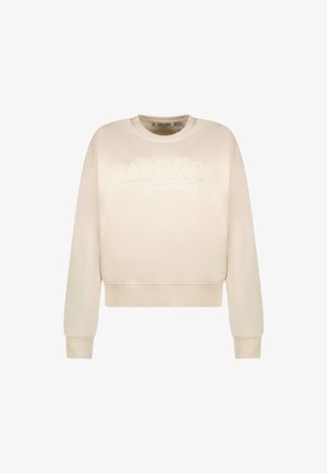 Lichtbeige sweatshirt met een cropped ontwerp. Kenmerkt zich door verhoogde "ESSENCE" tekst en ribgebreide manchetten en zoom. Zachte stoftextuur.