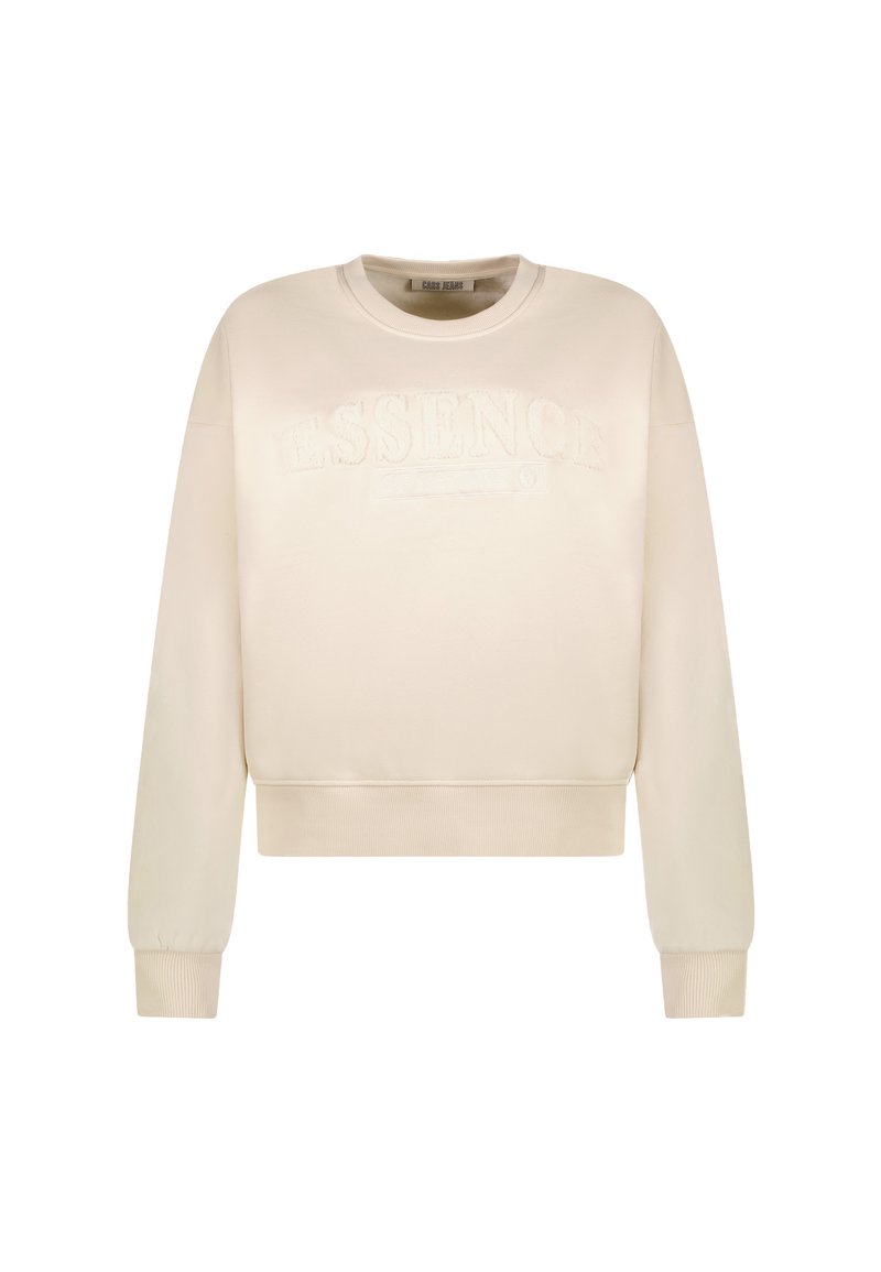 Lichtbeige sweatshirt met een cropped ontwerp. Kenmerkt zich door verhoogde "ESSENCE" tekst en ribgebreide manchetten en zoom. Zachte stoftextuur.
