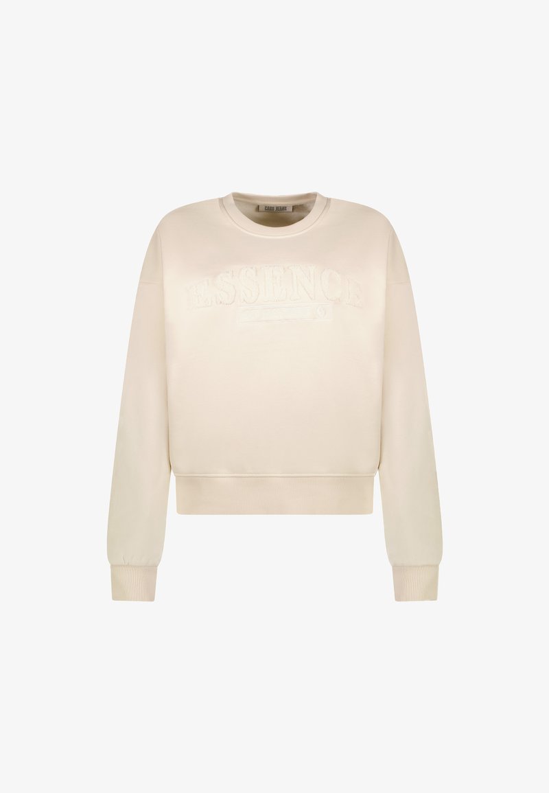 Lichtbeige sweatshirt met een cropped ontwerp. Kenmerkt zich door verhoogde "ESSENCE" tekst en ribgebreide manchetten en zoom. Zachte stoftextuur.