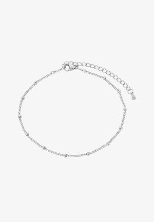 Silberne Kettenarmband mit kleinen runden Perlen, einem Karabinerverschluss und einer Verlängerungskette für verstellbare Größen.