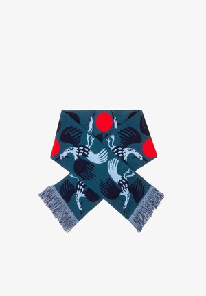 Dziany szalik w kolorze morskim z wzorem ptaka i słońca w czerwieni i granacie. Wykończony frędzlami dla tekstury.