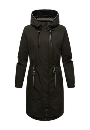 Giacca parka nera con cappuccio, dotata di cordini regolabili, chiusura a bottoni automatici e due tasche laterali. Tessuto liscio e resistente all'acqua.