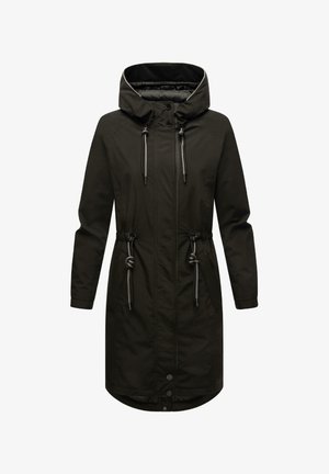 Musta hupullinen parkatakki, jossa on säädettävät narut, nappikiinnitys ja kaksi sivutaskua. Sujuva, vedenpitävä kangas.