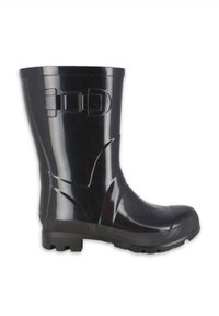 Botte de pluie en caoutchouc noire avec un bout arrondi, semelle texturée, et deux accents de boucle sur le côté. Fini lisse et brillant.