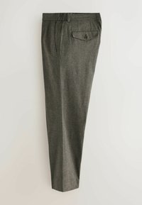 Gray checked trousers with a straight fit. Features a buttoned back pocket and belt loops. Made from a textured fabric, tailored design.