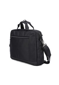 Schwarze Laptop-Tasche mit strukturiertem Außenmaterial, oberen Griffen, Schultergurt, einer vorderen Reißverschlusstasche und verstärktem Boden für Langlebigkeit.