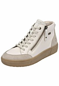 Basket haute en cuir blanc avec des accents en daim. Dispose d'un laçage à l'avant et d'une fermeture éclair sur le côté. Semelle en caoutchouc texturé.