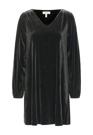 Schwarzes Samtkleid mit V-Ausschnitt, langen Puffärmeln und lockerer Passform. Der Stoff hat eine glänzende Textur, die ein elegantes Erscheinungsbild verleiht.