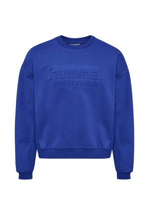 Niebieska bluza z miękkiego materiału, z okrągłym dekoltem, długimi rękawami oraz wytłoczonym logo "hummel SPORTSWear" na przodzie.