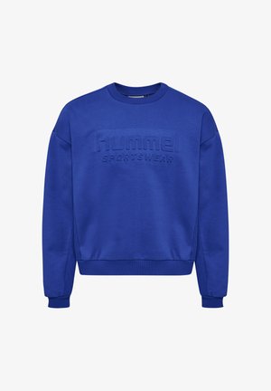 Niebieska bluza z miękkiego materiału, z okrągłym dekoltem, długimi rękawami oraz wytłoczonym logo "hummel SPORTSWear" na przodzie.