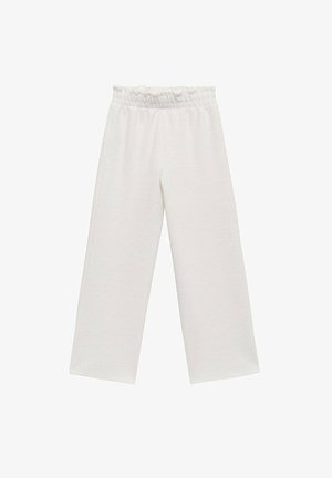 Pantalons légers à taille élastique en tissu texturé blanc cassé avec un design droit, adaptés pour une tenue décontractée.