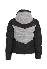Black puffer jacket with a textured grey chevron pattern on the back and hood. Features a snug fit and quilted design.
