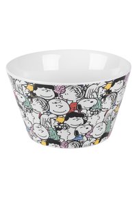 Ciotola in ceramica bianca con un design colorato di personaggi dei cartoni animati intorno all'esterno, caratterizzata da molteplici volti e accenti giocosi. Superficie liscia.