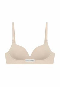 Reggiseno beige con ferretto, in tessuto liscio, scollatura profonda, spalline regolabili e etichetta logo al centro frontale.