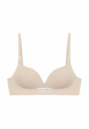 Beige Unterwäsche-BH mit glattem Stoff, tiefem Ausschnitt, verstellbaren Trägern und einem Logotag in der Mitte der Vorderseite.
