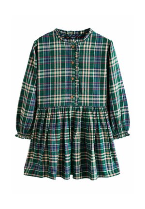 Robe à manches longues à carreaux verts, bleus et blancs avec boutons sur le devant, jupe froncée et poignets.