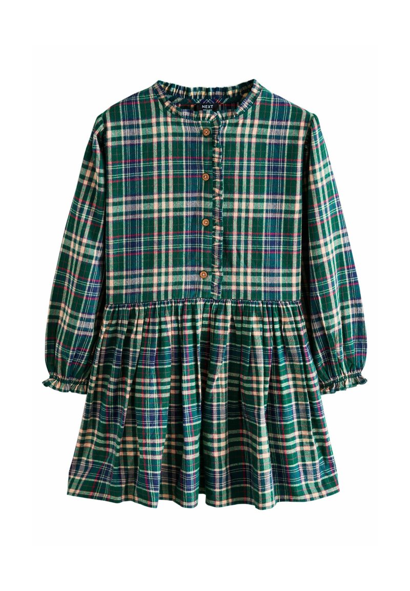 Robe à manches longues à carreaux verts, bleus et blancs avec boutons sur le devant, jupe froncée et poignets.
