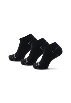 Mustat nilkkasukat ribbikuvioinnilla, valkoisilla yksityiskohdilla ylhäällä ja logolla varpaissa. Kolmen parin pakkaus.