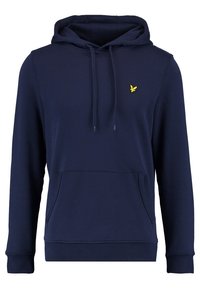 Hoodie bleu marine en tissu doux, avec une poche avant, des manches côtelées et un petit logo jaune sur la poitrine.