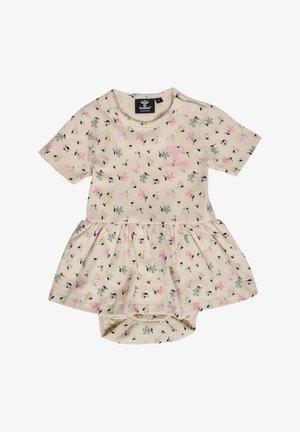 Lichtbeige jurk met korte mouwen, bloemenprint in roze en groen, gerimpelde rok en drukknoopjes op de schouders voor gemakkelijke aankleding.