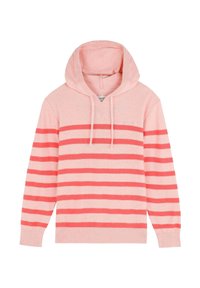 Hoodie rose clair avec des rayures horizontales rouges, fabriqué à partir d'un tissu doux. Caractéristiques : capuche avec cordon de serrage et bords côtelés aux manches et à l'ourlet.
