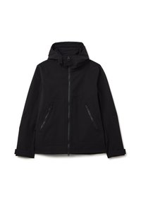 Schwarze wasserdichte Jacke mit Kapuze, vorderem Reißverschluss und zwei seitlichen Reißverschlusstaschen. Glattes, mattes Material und taillierte Passform.