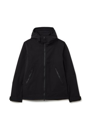 Schwarze wasserdichte Jacke mit Kapuze, vorderem Reißverschluss und zwei seitlichen Reißverschlusstaschen. Glattes, mattes Material und taillierte Passform.